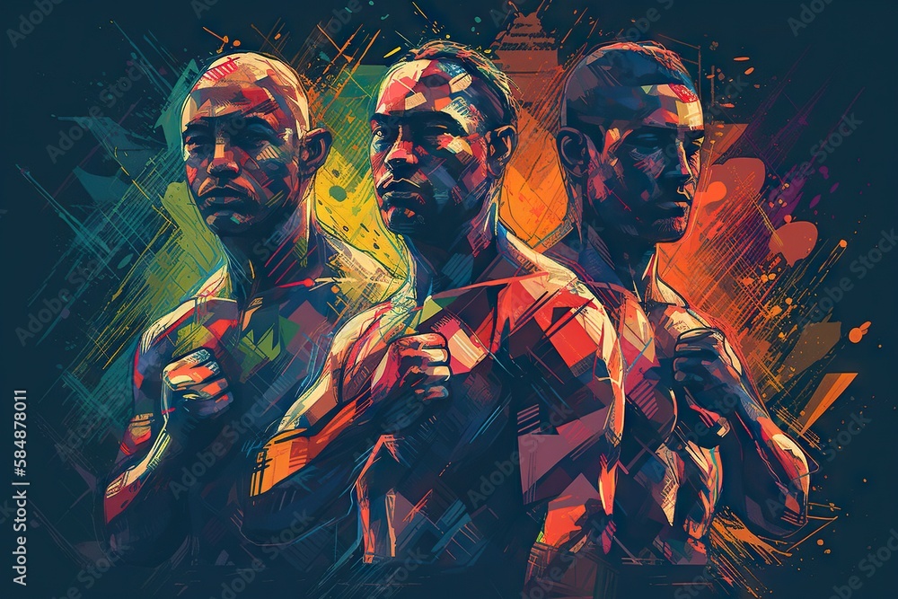 Poster a group of men standing next to each other in front of a colorful background boxing gym fauvism post