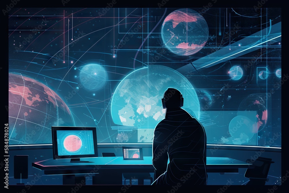 Aufkleber a man sitting at a desk in front of a computer monitor newsroom digital art data analytics