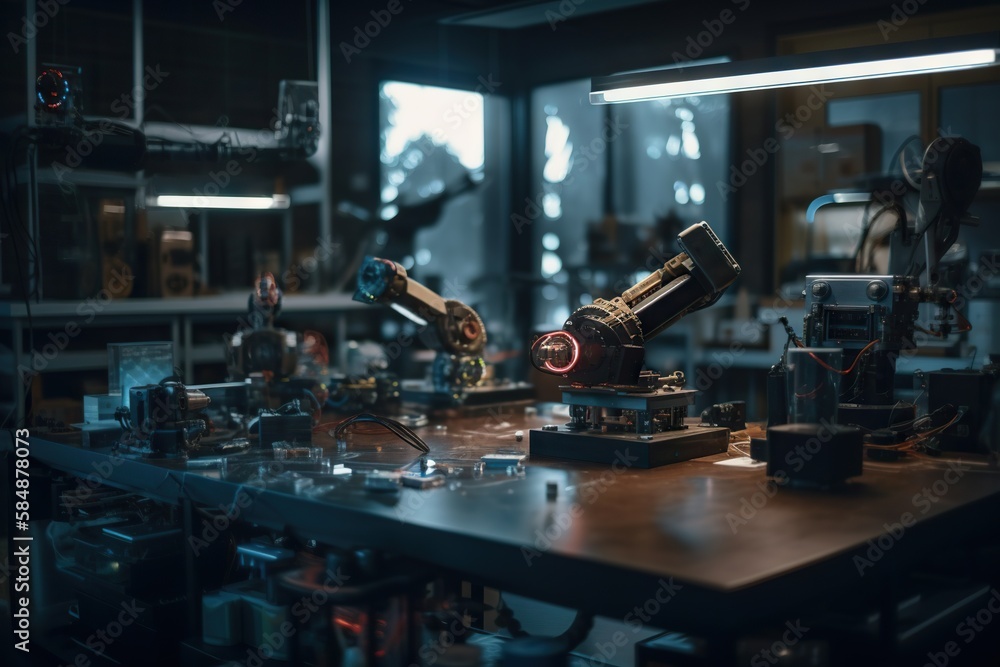 Poster a table with a bunch of machines on it in a room workshop animation robotics engineering