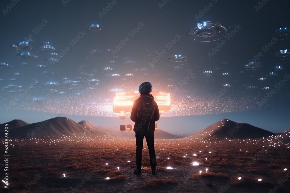 Aufkleber a man standing in a field with a lot of bubbles floating in the air lunar landscape video art motion