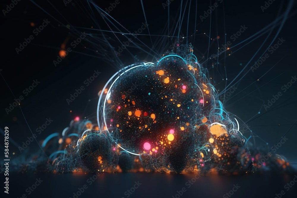 Poster a digital image of a ball with many lights around it and a dark background deep sea trench animation