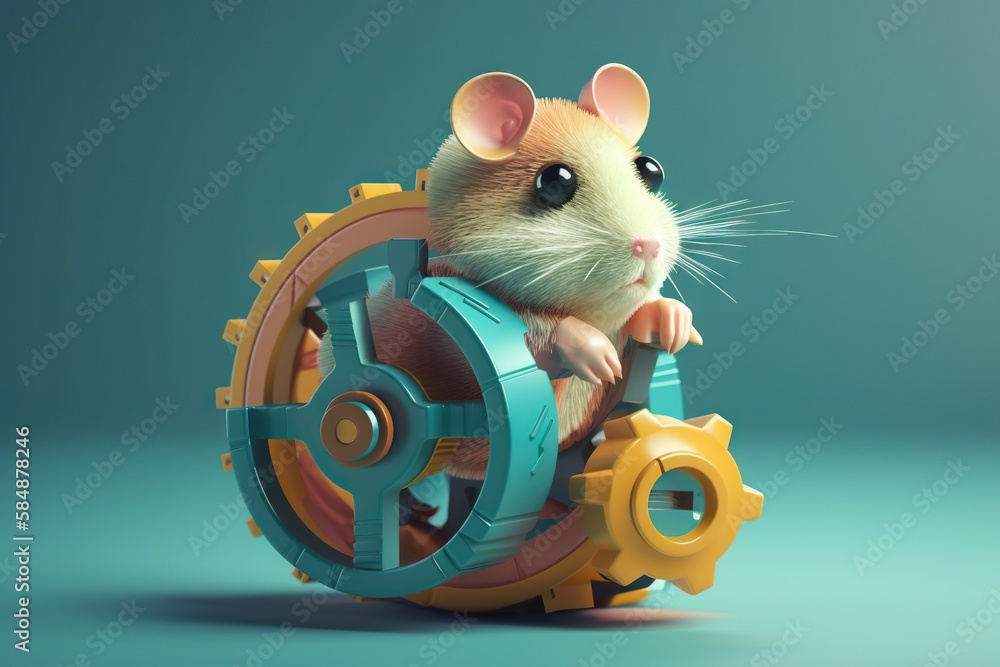 Poster a mouse sitting on top of a mechanical gear wheel with a blue background factory animation 3d modeli