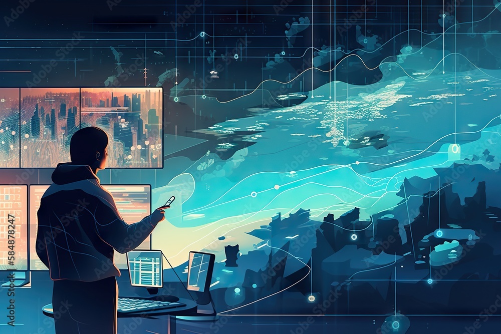 Poster a man standing in front of a computer monitor and a laptop arctic sea ice animation data analytics g
