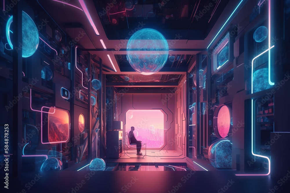 Poster a man standing in a room with neon lights and a view of the earth arcade animation motion graphics