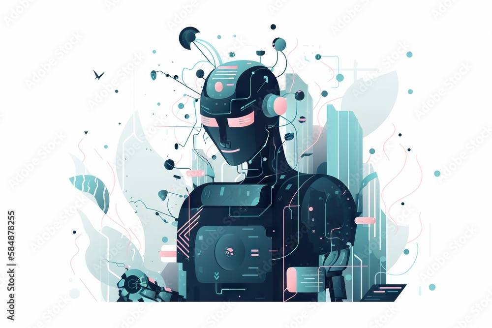 Poster a robot with a camera in his hand and a city in the background factory animation robotics engineerin