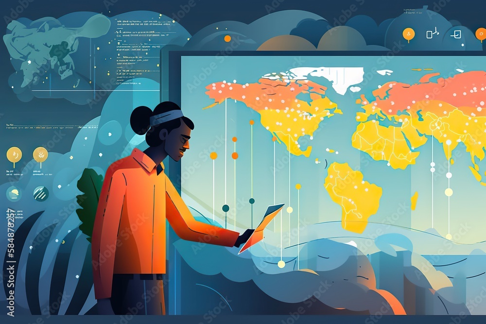 Poster a man standing in front of a map of the world holding a cell phone workshop graphic design infograph