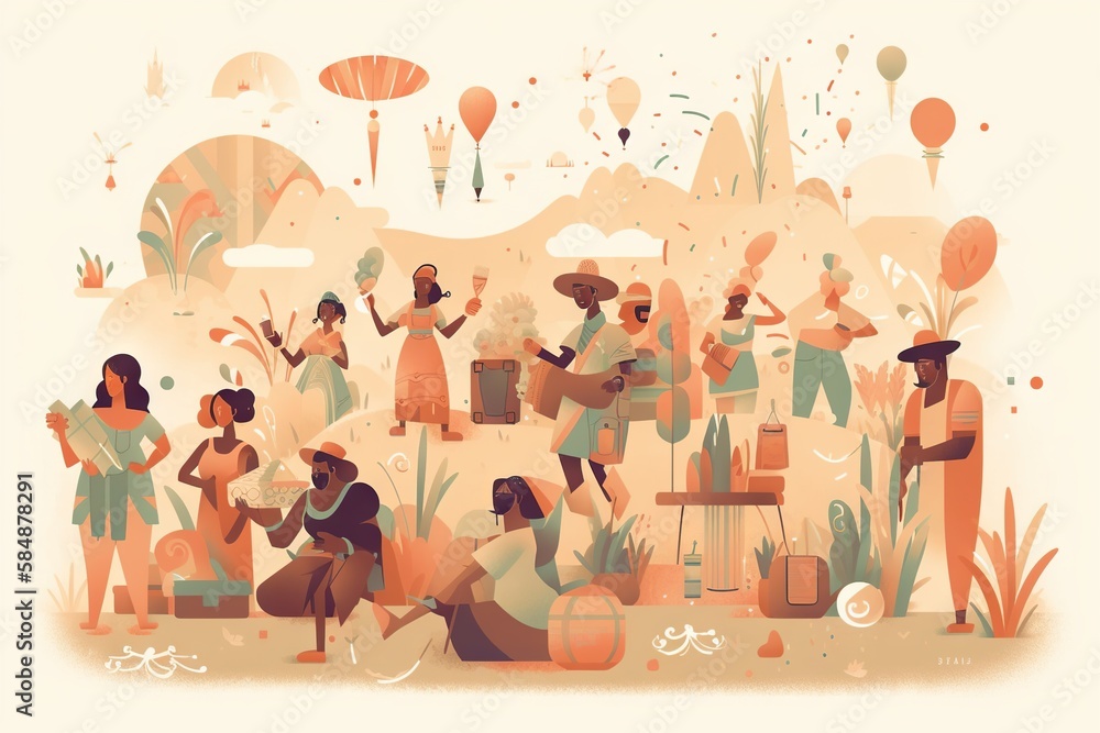 Poster a group of people standing around a field with balloons and trees farm stand animation print design 
