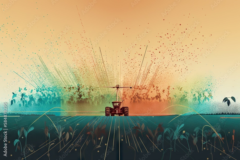 Poster a tractor is driving through a field with a sky background and a sun farm color field painting digit