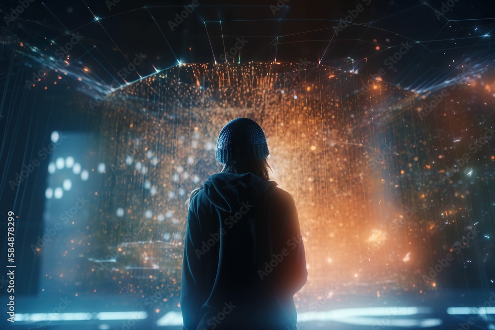 Poster a person standing in front of a stage with lights on it science museum photorealism artificial intel