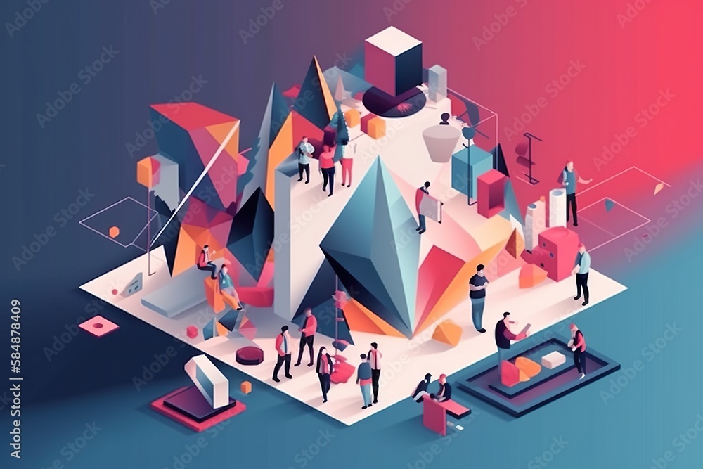 Poster a group of people standing around a large object with a colorful background bank graphic design info