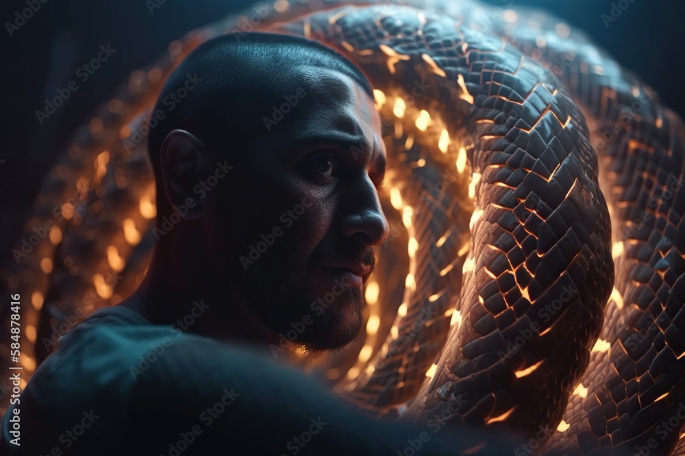 Poster a man standing in front of a wall of lights with a headphones on zoo animation set design generative