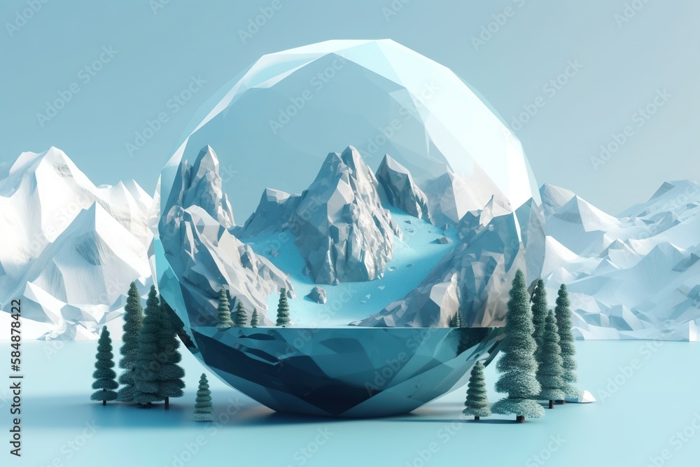 Poster a large glass ball with a mountain in the background and trees in the foreground glacier environment
