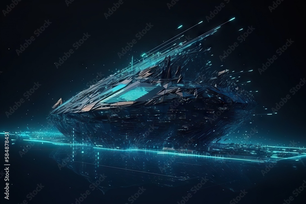 Poster a futuristic ship floating in the ocean with a futuristic background and a futuristic design deep se