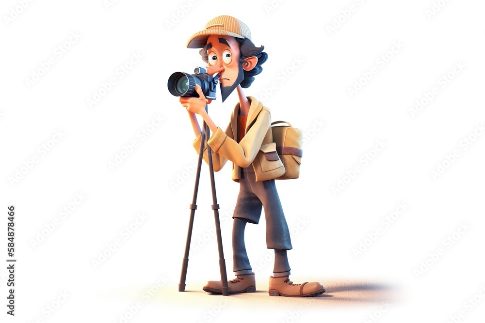 Poster a cartoon character holding a camera and a tripod with a tripod zoo advertising photography animatio