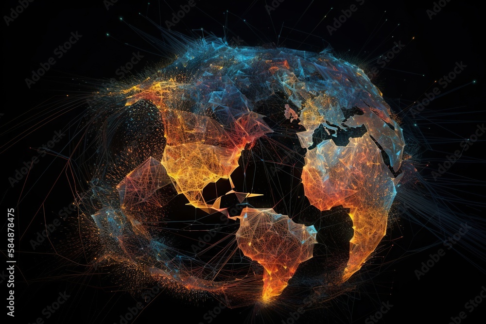 Poster a stylized image of a globe with a network of orange and blue dots deep sea trench video art motion 