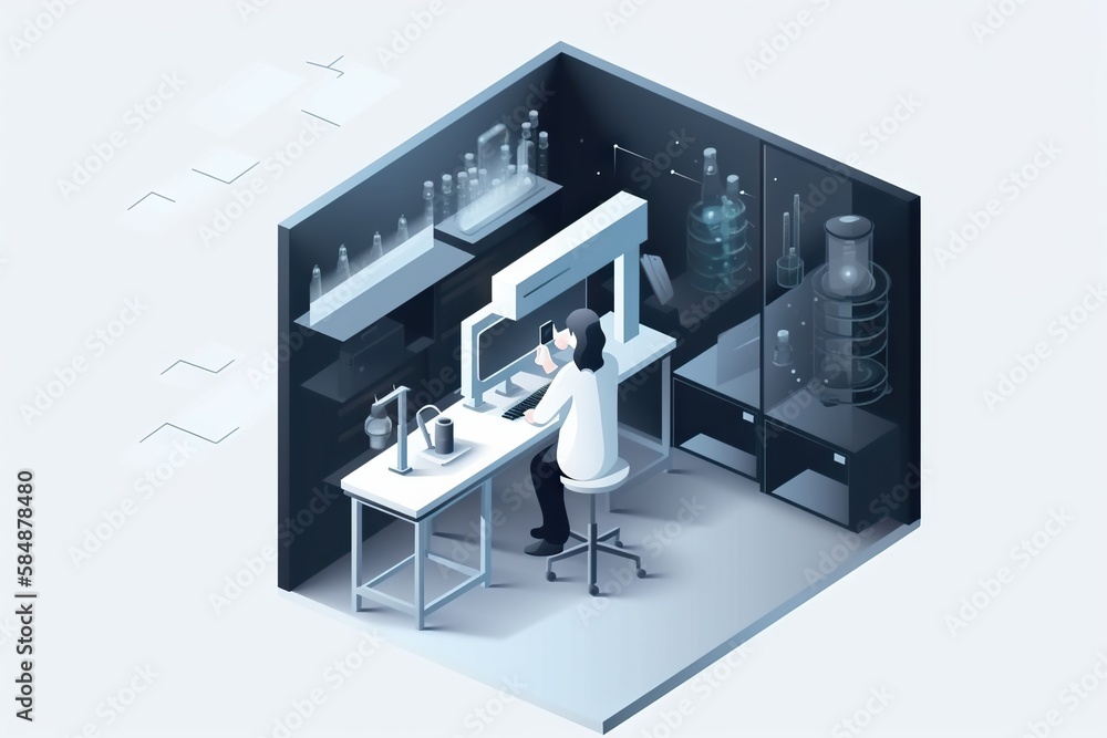 Poster a man in a lab working on a computer screen with a microscope workshop animation manufacturing plann