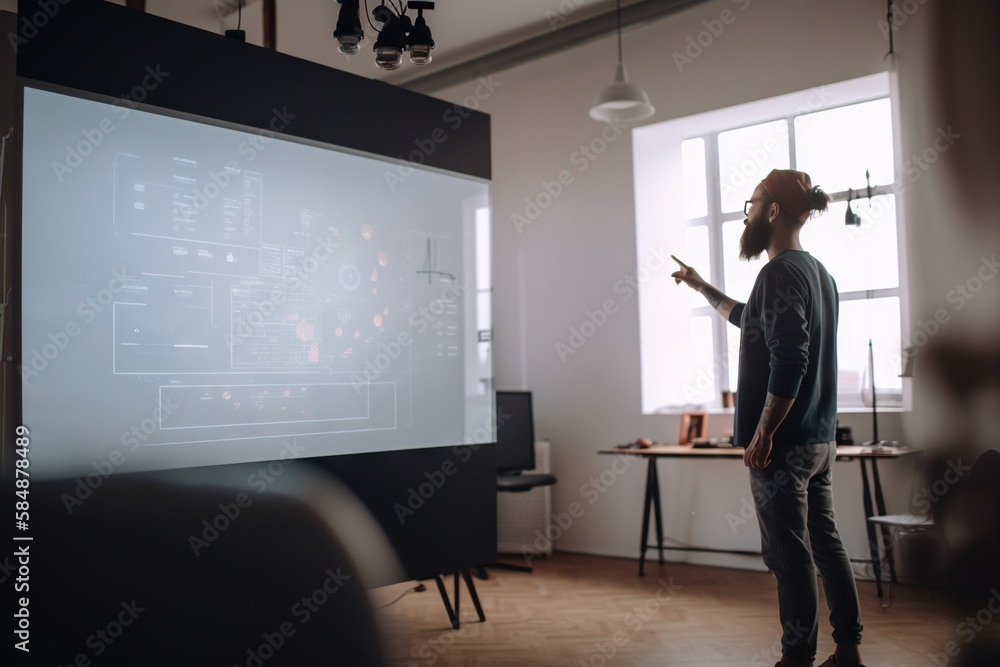 Aufkleber a man standing in front of a projection screen in a room conference room animation employee training