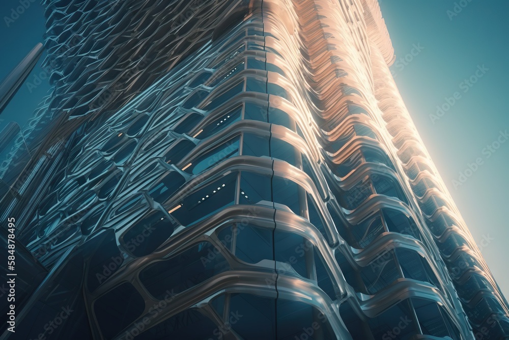 Poster a tall building with a sky background and a blue sky in the background office building photorealism 