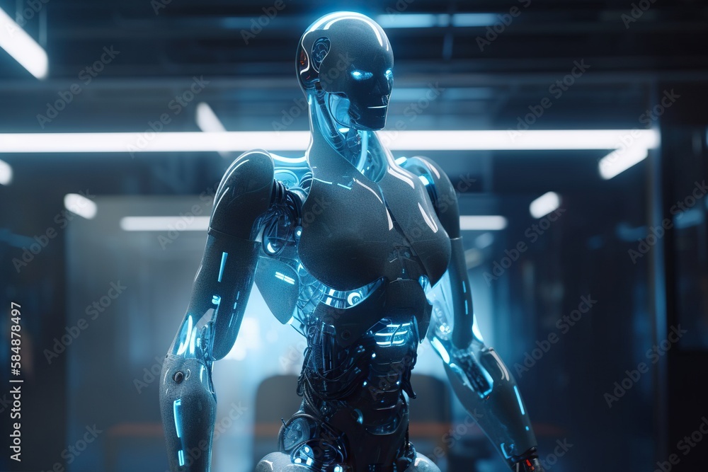 Poster a robot in a futuristic suit in a dark room with lights factory animation robotics engineering gener