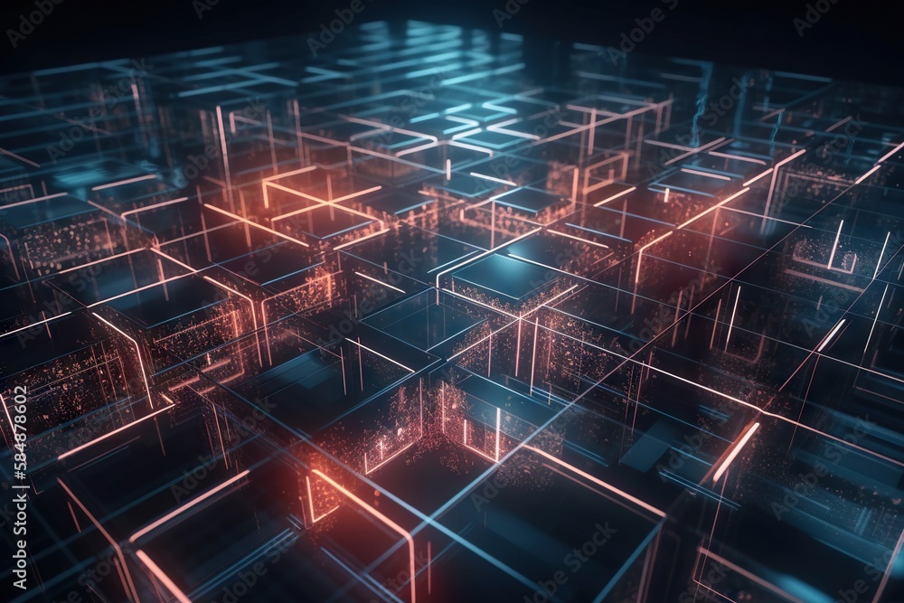 Poster a very large and colorful array of cubes in a dark room deep sea trench animation supply chain optim