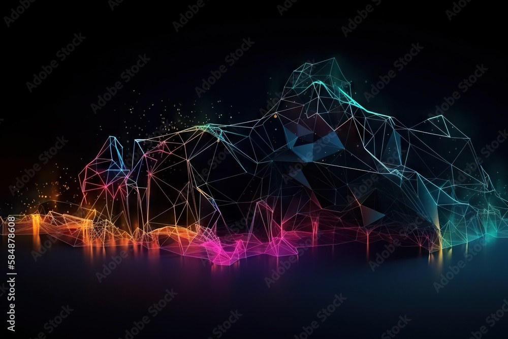 Poster a colorful abstract background with a mountain in the background and a line of lights deep sea trenc