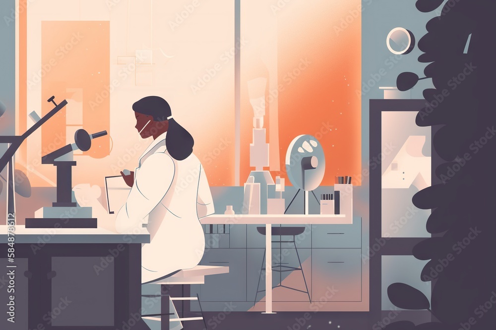 Poster a woman in a lab coat looking through a microscope at a microscope factory animation science writing