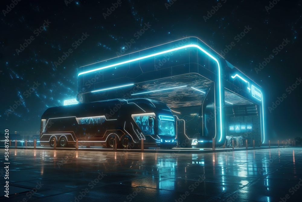 Poster a bus is parked in front of a building with neon lights bus station animation e-commerce logistics g