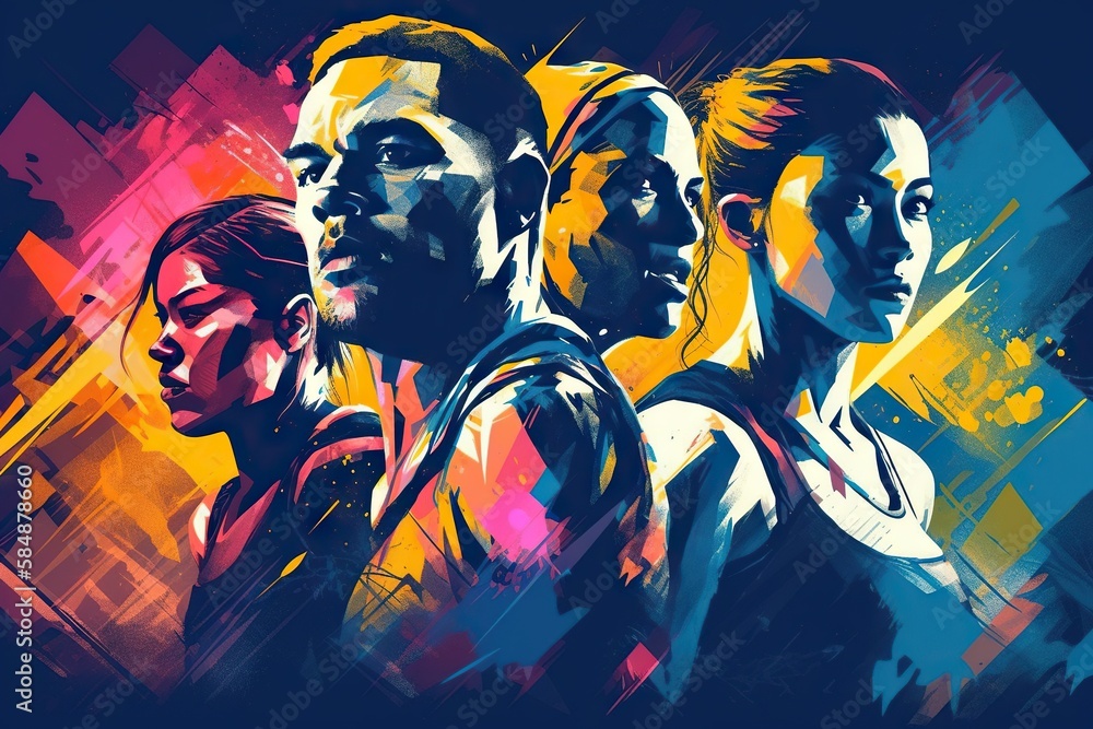 Poster a group of people standing next to each other in front of a colorful background boxing gym graphic d