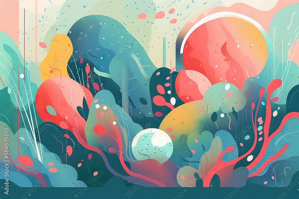 Poster a colorful abstract painting with a blue background and a red and yellow ball coral reef color field