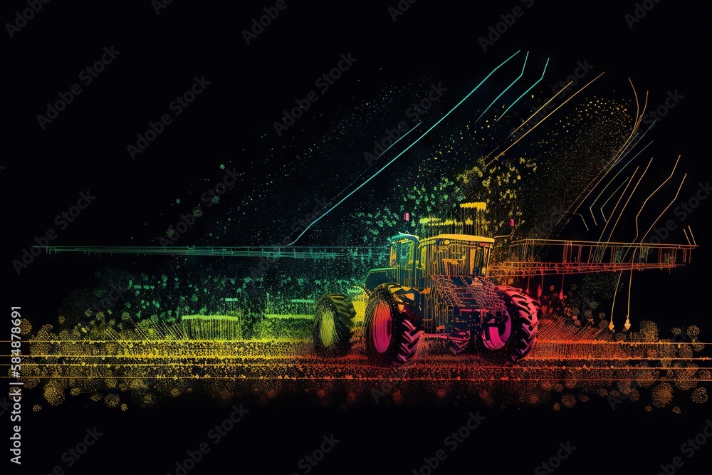 Poster a tractor with a rainbow paint effect on it's face farm color field painting motion graphics generat