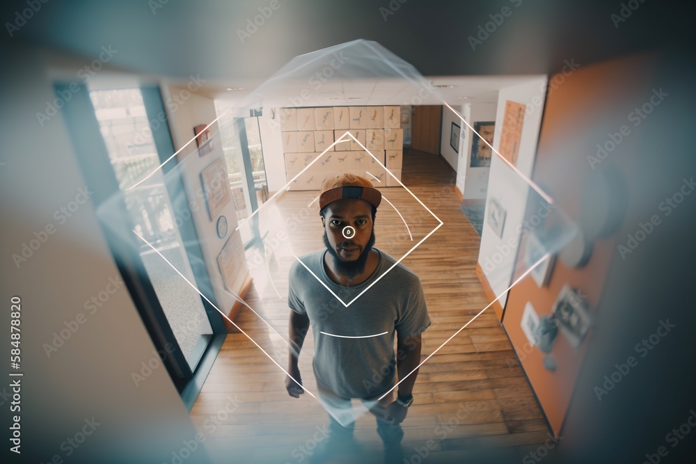 Poster a man is walking through a room with a camera on his head workshop video art motion graphics generat