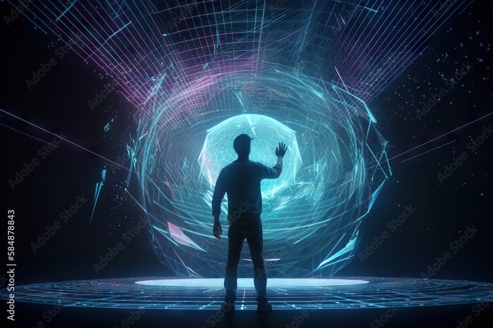 Poster a man standing in front of a large circular object with neon lights deep sea trench video art motion
