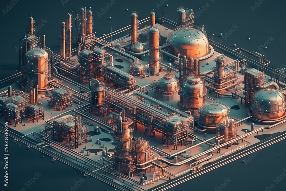 Poster a computer generated image of a factory with pipes and tanks on a platform industrial port animation