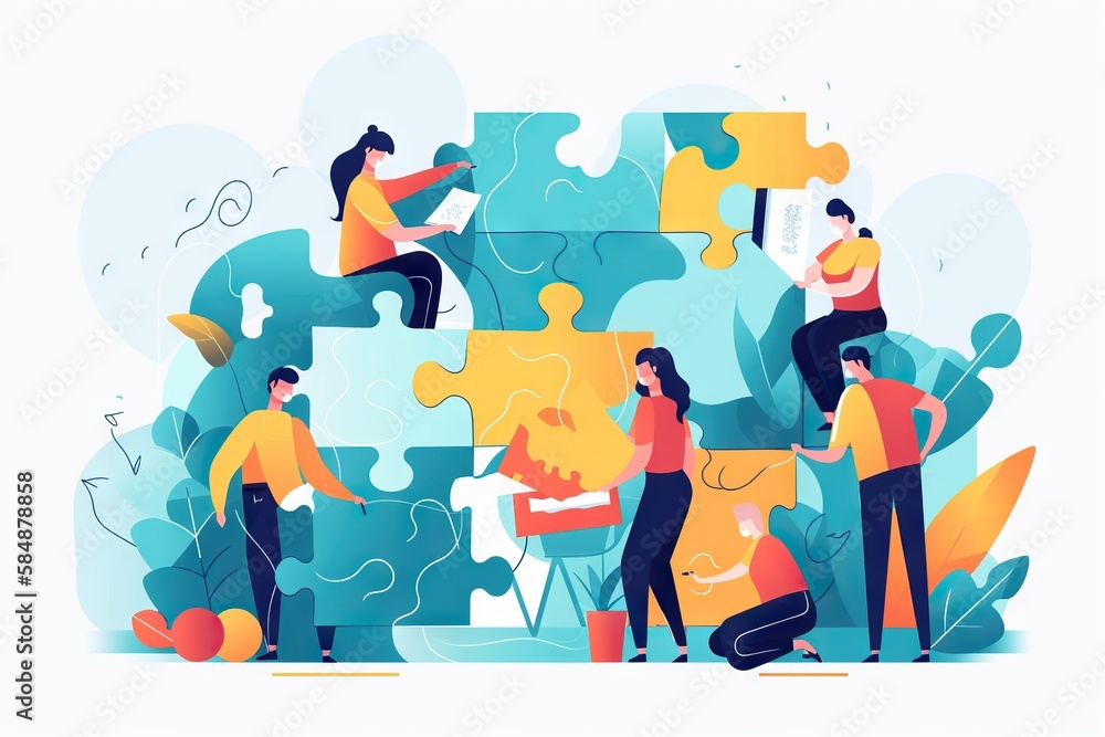 Poster people are assembling a puzzle together in a colorful illustration workshop assemblage project coord