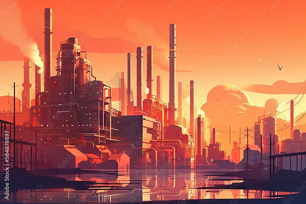 Poster a painting of a factory with a sunset in the background and a bird flying over it factory animation 