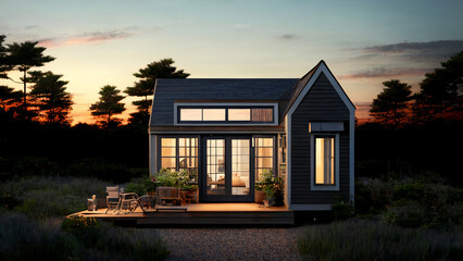 Tiny house in the sunset setting in Maine