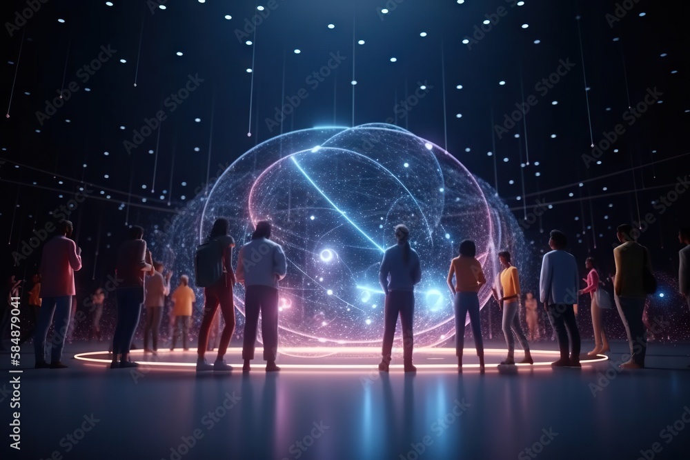 Poster a group of people standing in front of a large ball of lights science museum video art motion graphi