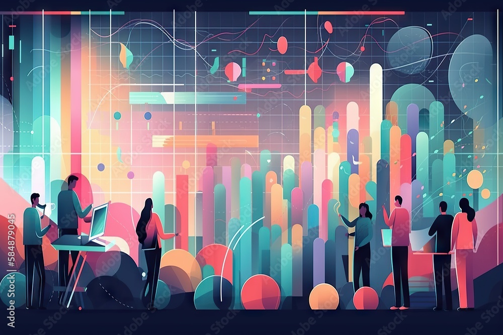 Poster a group of people standing around a table in front of a colorful background conference room graphic 