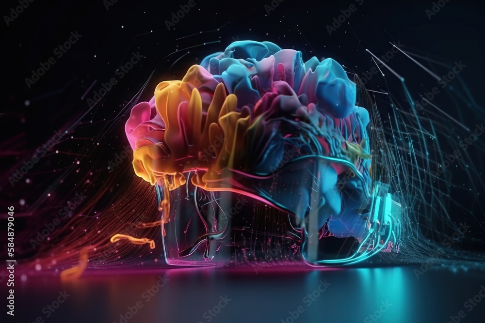 Poster a computer generated image of a human brain with colorful lines and shapes deep sea trench animation