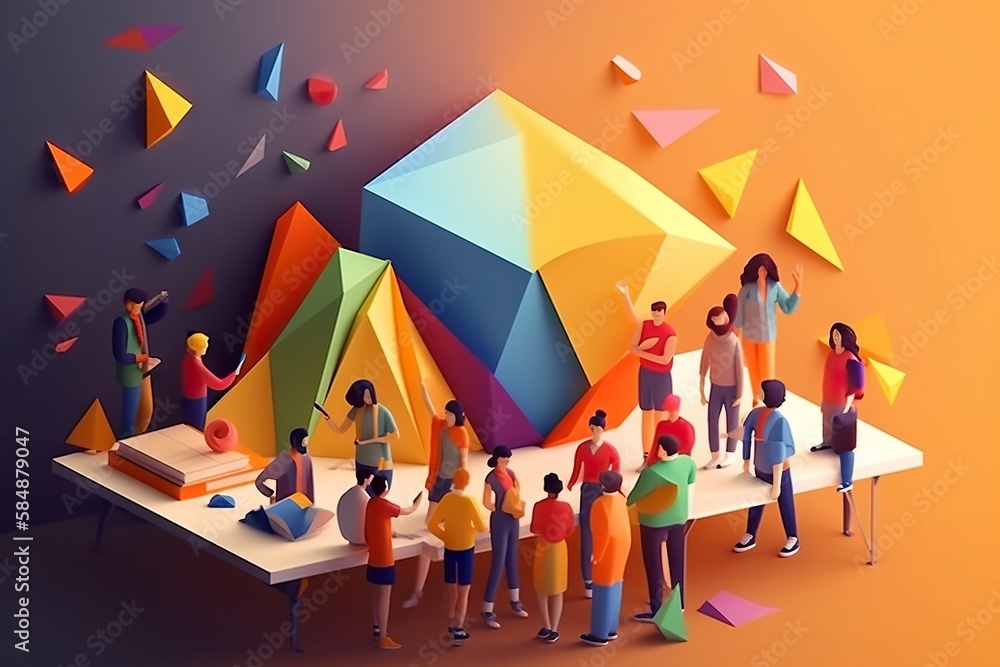 Poster a group of people standing around a table with a colorful object workshop graphic design social inno