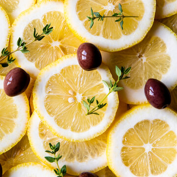 Lemon olives herbs fresh food ingredients