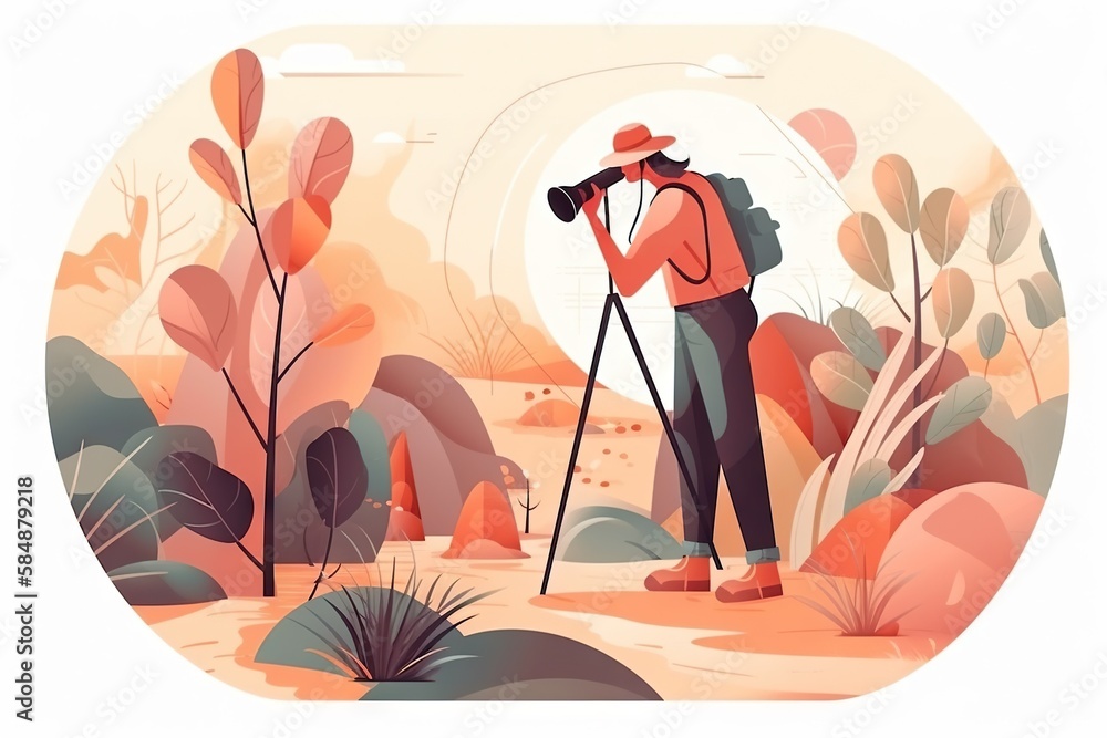 Poster a man with a backpack and a camera in the wilderness with trees african safari landscape color field