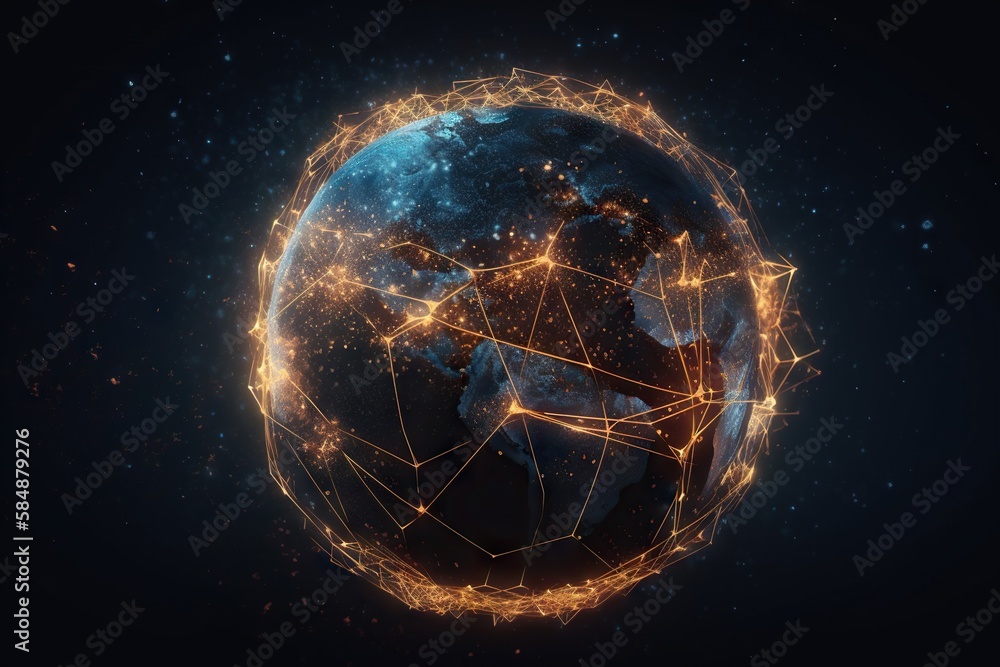 Poster a globe with a network of lights around it in the dark deep sea trench animation supply chain optimi