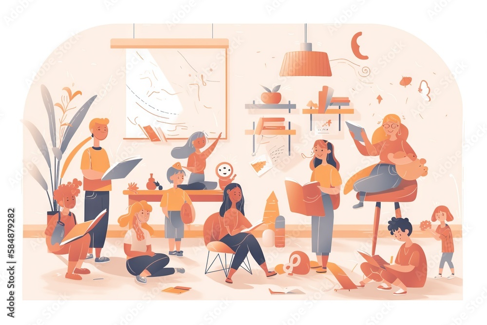 Poster a group of people sitting around a table with a clock on it classroom graphic design book design