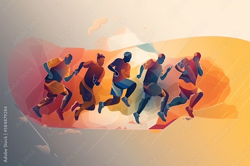 Poster a group of people running on a colorful background with a splash of paint sports bar animation motio