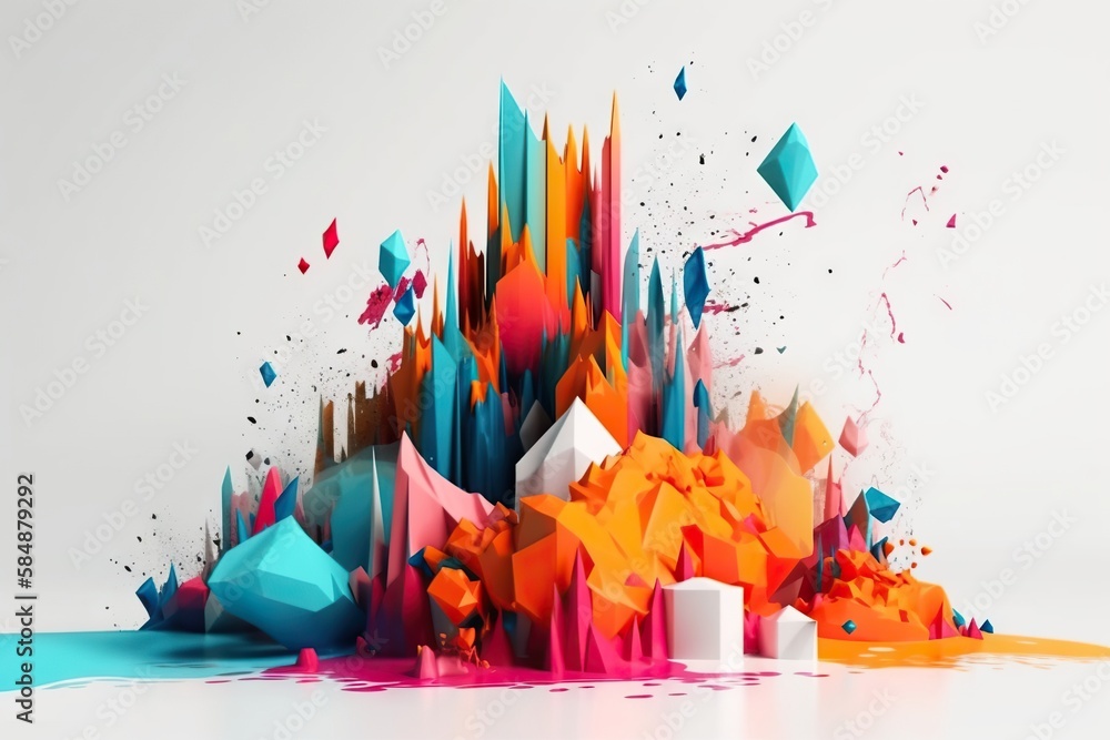 Poster a colorful abstract artwork with a white background and a blue and orange background mountain animat