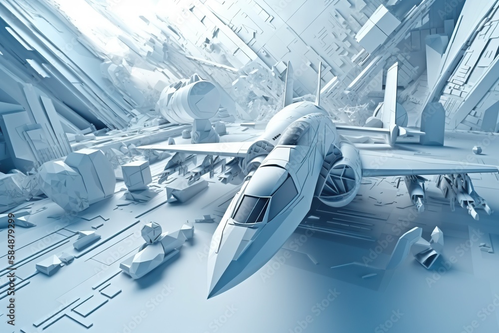 Poster a futuristic city with a futuristic airplane in the foreground and a futuristic city in the backgrou