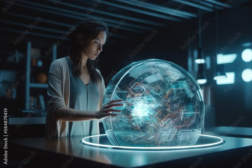 Poster a woman standing in front of a large object in a dark room aquarium animation data analytics