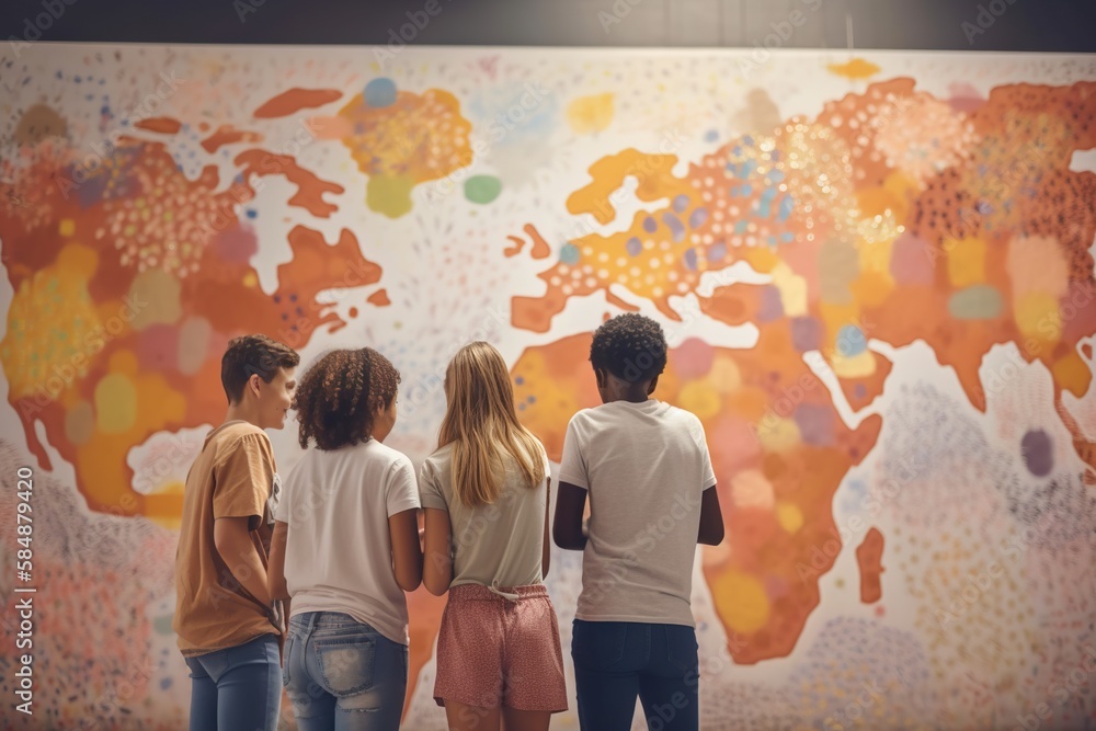 Poster a group of children looking at a map of the world on a wall university campus environmental art dive