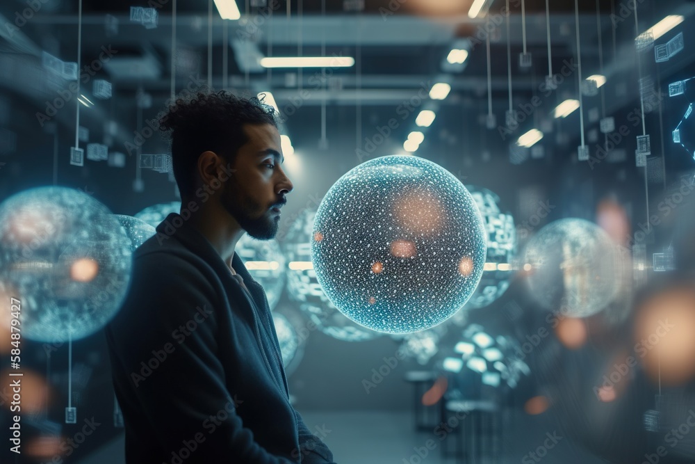 Poster a man standing in a room with a lot of balls hanging from the ceiling science museum animation data 